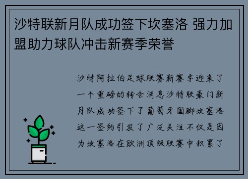 沙特联新月队成功签下坎塞洛 强力加盟助力球队冲击新赛季荣誉 沙特联新月队成功签下坎塞洛 强力加盟助力球队冲击新赛季荣誉